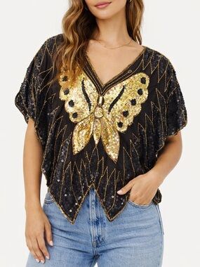 Vintage All Silk Made In India Sequin Butterfly Top Black Gold Boho Festival